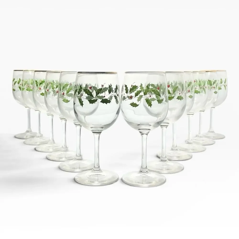Lenox “Holiday” 12 Wine Water All Purpose Glasses 7 1/2” 10oz Christmas Holly